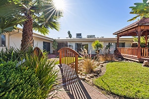 the courtyard and walking paths of Villa Las Palmas